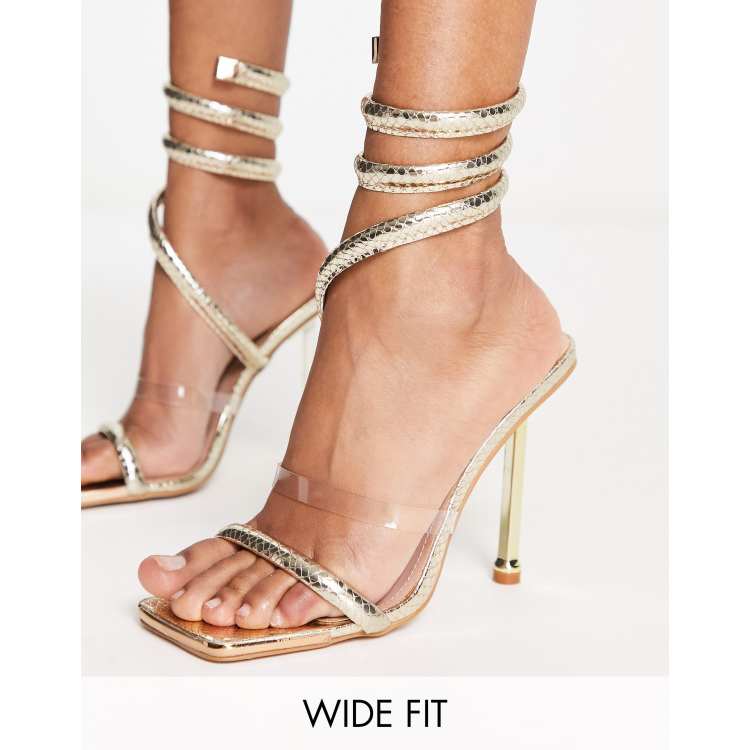 Simmi London Wide Fit Eloise heeled sandals with leg wrap in gold