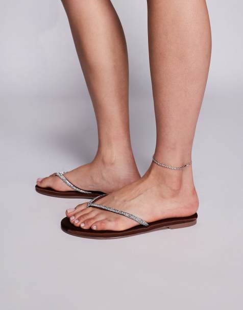 Simmi London Wide Fit Ersil diamante thong toe sandals in chocolate satin - view 1