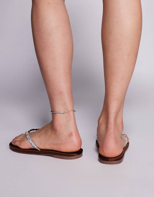 Simmi London Wide Fit Ersil rhinestone flip flops in chocolate satin, 4 of 4