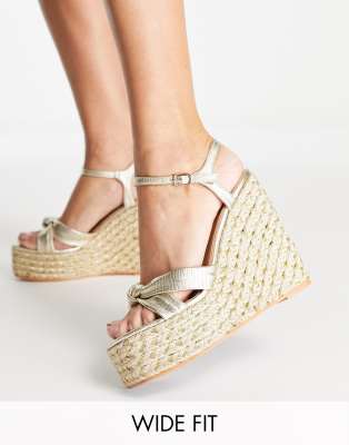 Simmi Wide Fit Simmi London Wide Fit Espadrille Wedge Sandals With Woven Detail In Gold