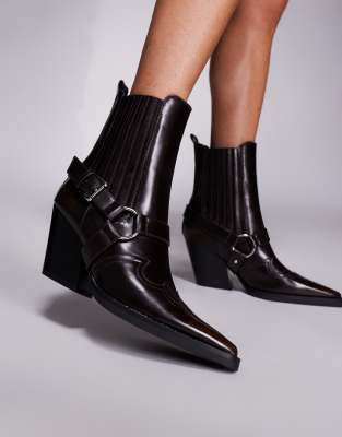 Simmi London Wide Fit Esperanza mid ankle cowboy boots with buckle detail in brown PU