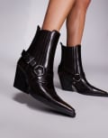 [Simmi Wide Fit] Simmi London Wide Fit Esperanza mid ankle cowboy boots with buckle detail in brown PU 39 Brown pu