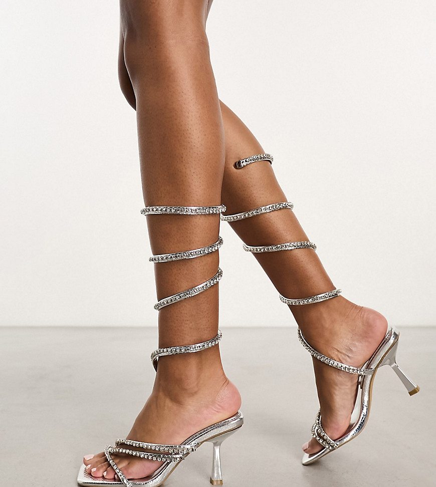Simmi London Wide fit Freesia embellished leg wrap sandals in silver