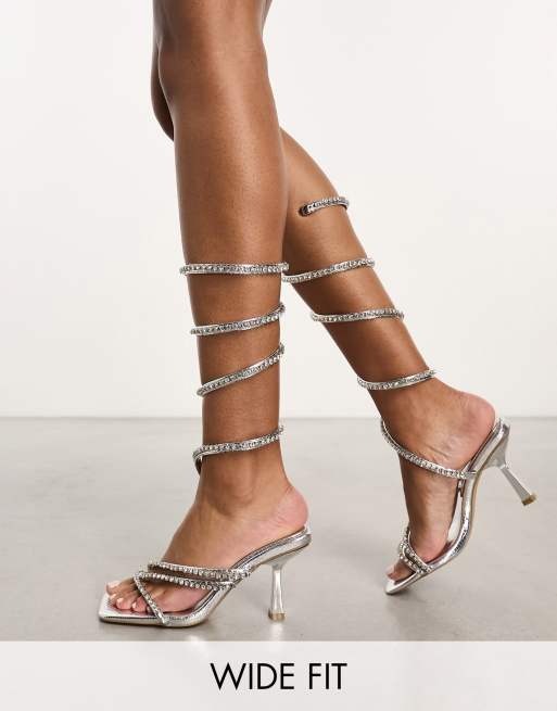 Silver Wide Fit Spiral Mid Block Heel Sandals