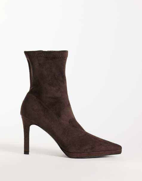 Simmi London Wide fit Grech heeled sock boots in brown Suedette - view 1