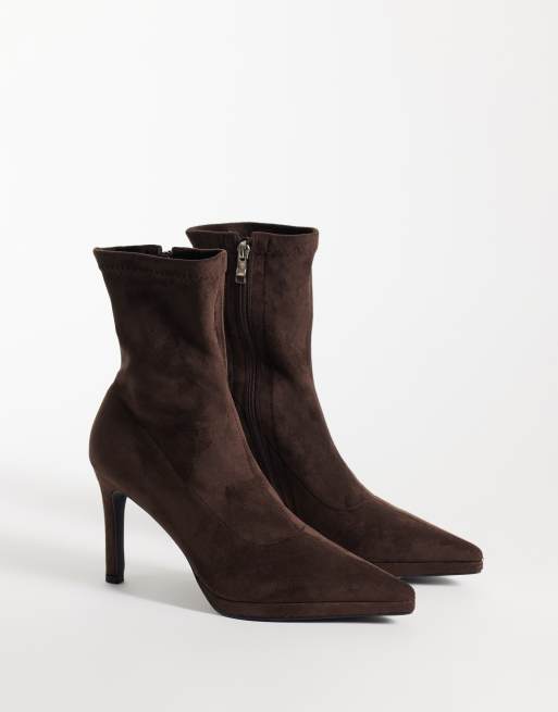 Simmi London Wide fit Grech heeled sock boots in brown Suedette, 2 of 4