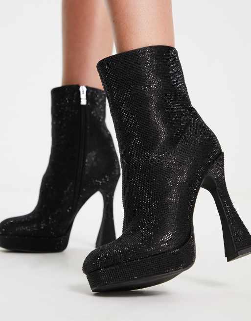 Sock Knee Boots in Black Rhinestone