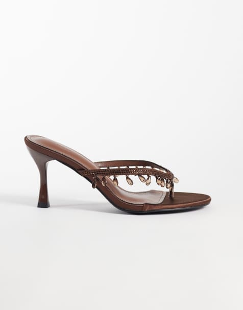 Simmi London Wide Fit heeled toe post sandals in brown embellished - view 1