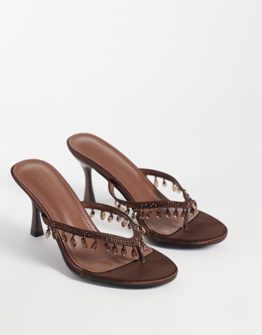Simmi London Wide Fit heeled toe post sandals in brown embellished, 2 of 4
