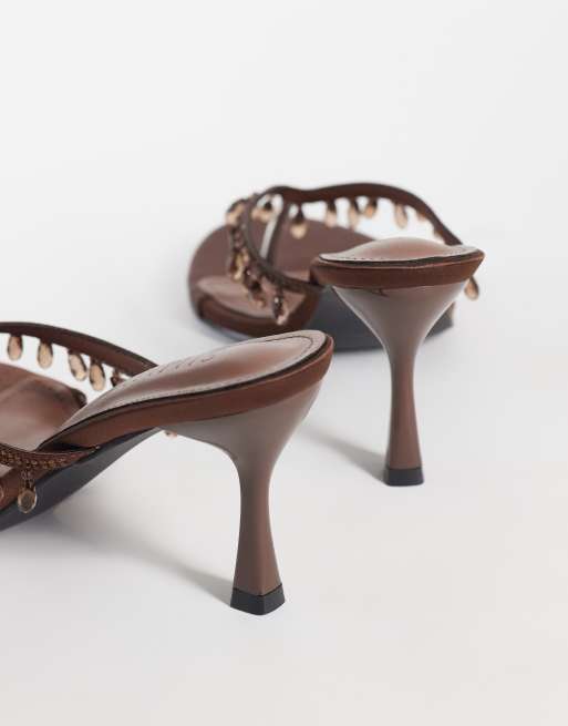 Simmi London Wide Fit heeled toe post sandals in brown embellished, 4 of 4