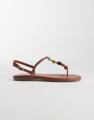 Simmi London Wide Fit Ishah flat sandals with stones in tan-Brown
