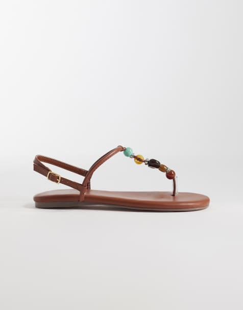 Simmi London Wide Fit Ishah flat sandals with stones in tan - view 1
