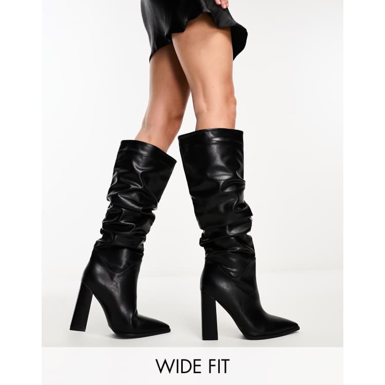 Simmi London Wide Fit Jacques ruched knee boots in black | ASOS