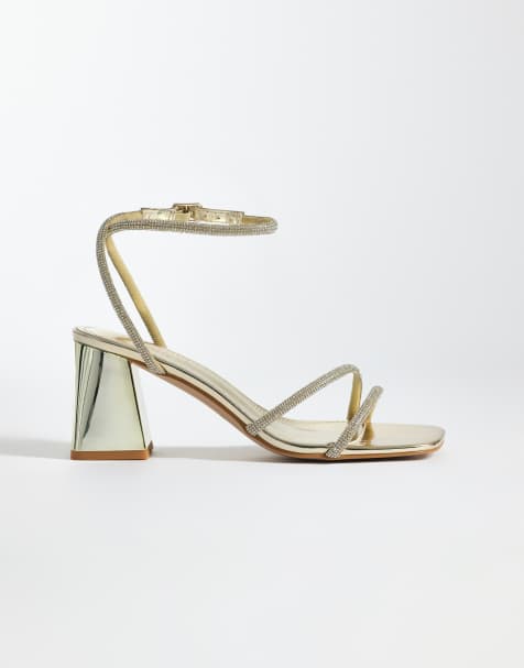 Simmi London Wide Fit – Juliette – Sandaletten in verspiegeltem Gold mit Strassverzierung und niedrigem Blockabsatz, weite Passform - view 1