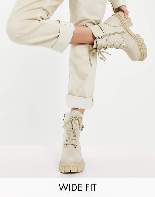Simmi London Wide Fit - Kai - Scarponcini stringati grigio pietra a pianta larga con suola spessa e fibbia