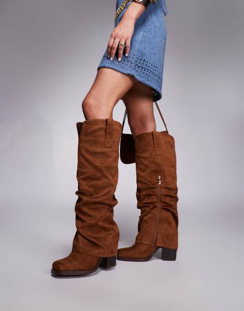 Simmi London Wide Fit Kalvin fold over knee high western boot in tan suede - view 1