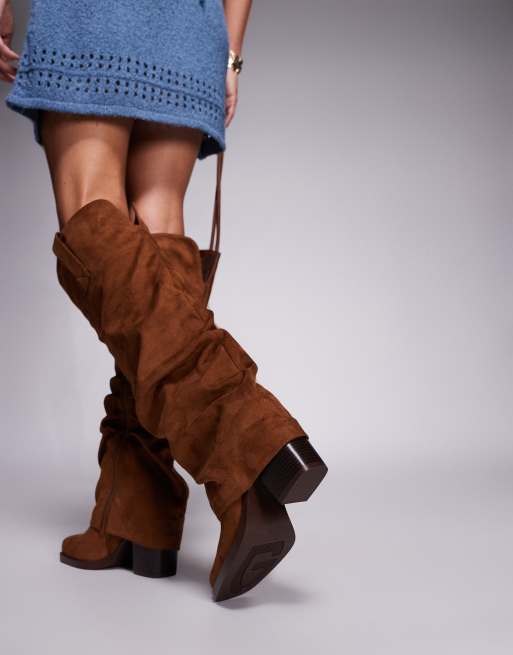 Simmi London Wide Fit Kalvin fold over knee high western boots in tan suede