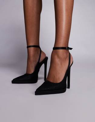 SIMMI London Wide Fit - Landen - Pumps aus schwarzer Spitze mit Knöchelriemen und Absatz, weite Passform