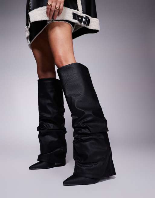 SIMMI London Wide Fit - Leif - Knielaarzen met omslag en rimpeleffect in zwart