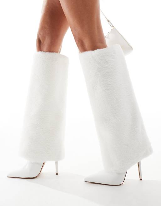 Simmi London Wide Fit Louie Foldover Fur knee boot in White, 2 of 4