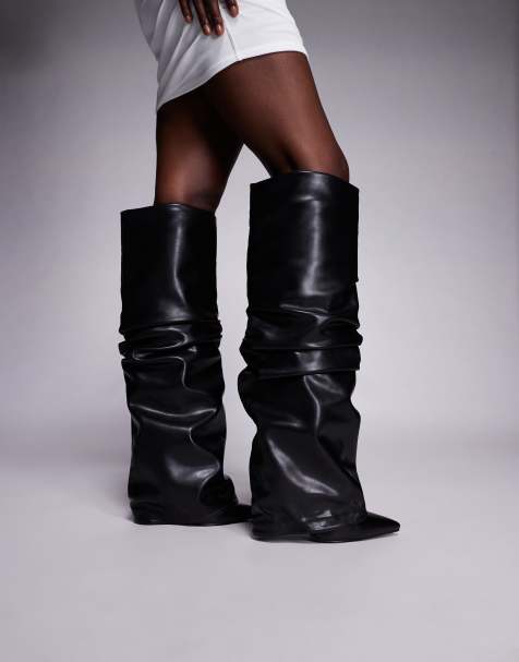 Simmi London Wide Fit Lukas foldover ruched knee boots in black - view 1