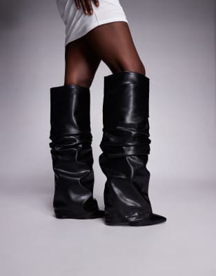 Simmi London Wide Fit - Lukas - Kniehohe Stiefel in Schwarz mit umgeschlagenem, gerafftem Schaft, weite Passform