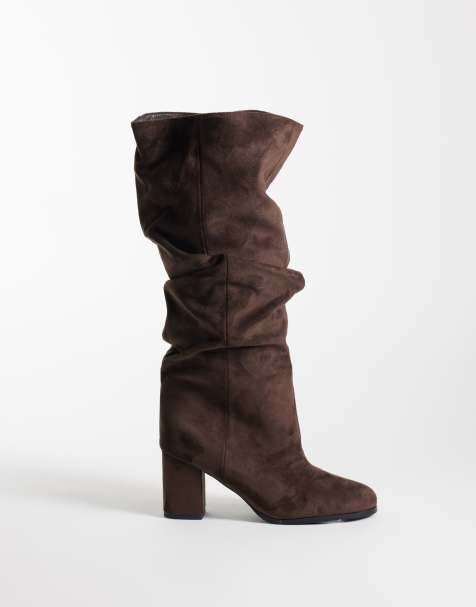 Simmi London Wide fit Maggie ruched knee boots in brown suedette - view 1
