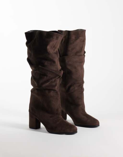 Simmi London Wide fit Maggie ruched knee boots in brown suedette, 2 of 4