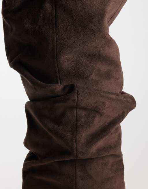 Simmi London Wide fit Maggie ruched knee boots in brown suedette, 3 of 4