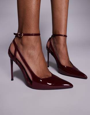 Simmi London Wide Fit Mandisa mesh heeled shoes in burgundy-Red