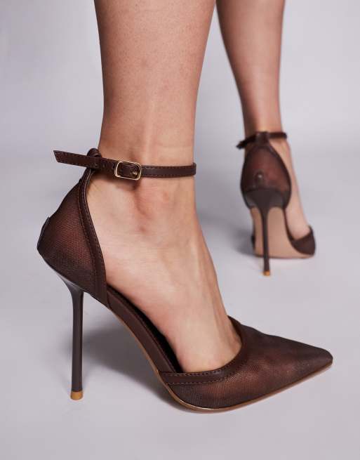 Simmi London Wide Fit Mandisa mesh heeled shoes in chocolate
