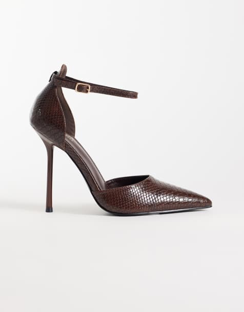 Simmi London Wide Fit Marinah pumps i imiteret slangeskind med hæl i brun PU - view 1