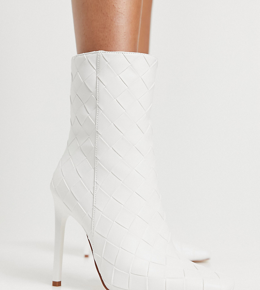 Simmi London Wide Fit Melina woven heeled ankle boots in white