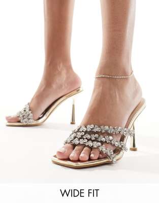 Simmi Wide Fit Simmi London Wide Fit Messina embellished strappy heeled mule sandal in gold