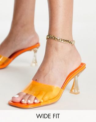Simmi London Wide Fit mid heeled mule sandals in orange  - ASOS Price Checker