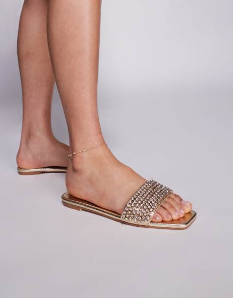 Simmi London Wide Fit Paison diamante flat sandals in gold metallic - view 1