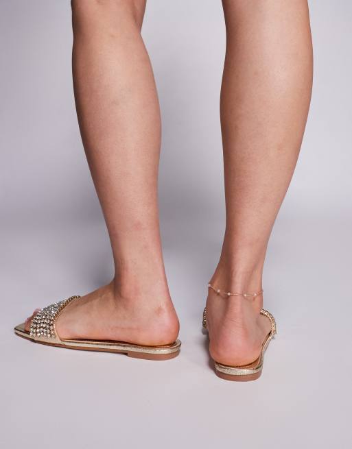 Simmi London Wide Fit Paison rhinestone flat sandals in gold metallic