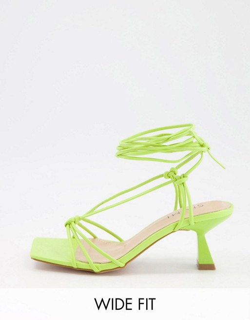 Simmi London Wide Fit Paola ankle tie heeled sandals in green