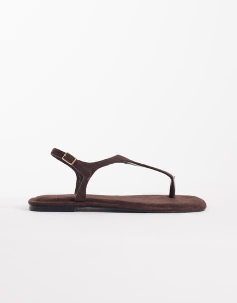 Simmi London Wide Fit Perry thong sandals in brown faux suede - view 1