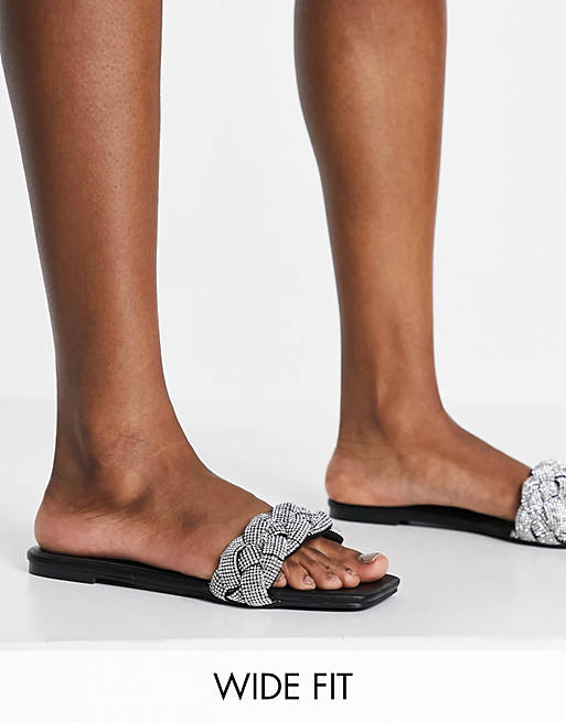 Women Flat Sandals/Simmi London Wide Fit Persia jewelled plait slide sandals in black 