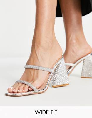 Simmi Wide Fit Simmi London Wide Fit Peruvian embellished strap block heel sandals in silver