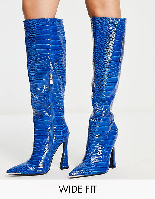 Simmi London Wide Fit Ravi flare heel knee boots in cobalt blue croc 