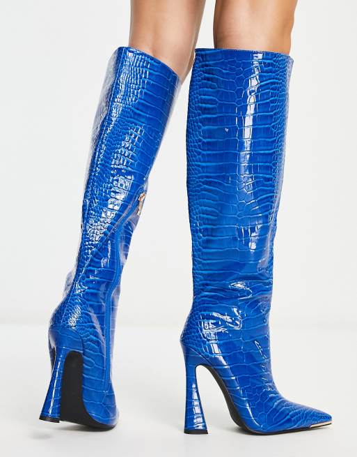 Simmi London Wide Fit Ravi flare heel knee boots in cobalt blue croc