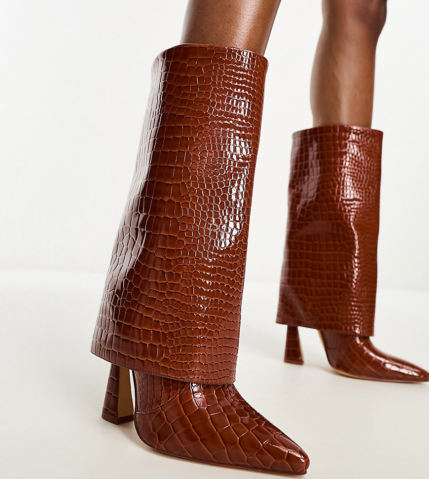 Simmi London Wide Fit Rayan foldover heeled knee boots in tan patent croc-Brown