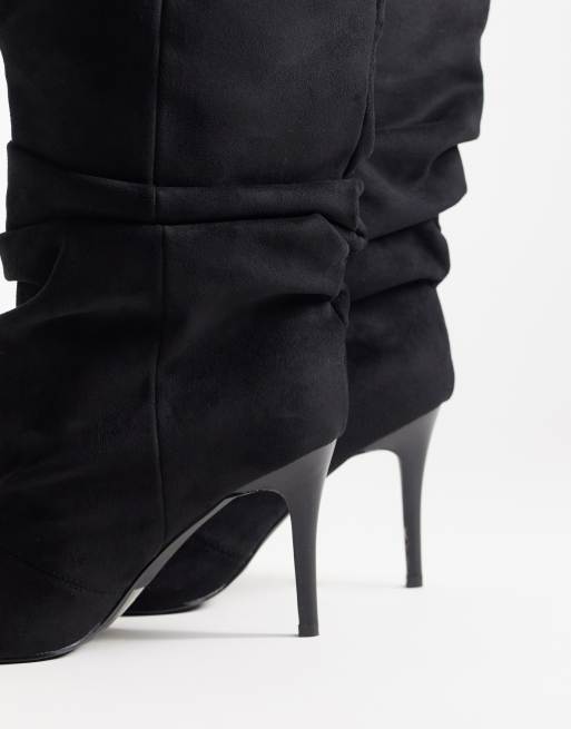 Simmi London wide fit Reece ruched knee boots in black suedette, 3 of 4