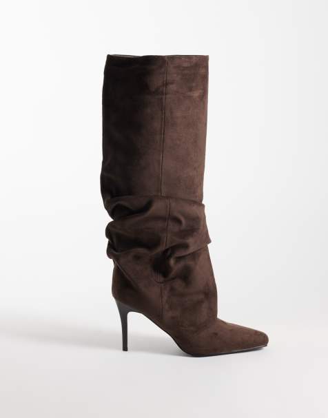 Simmi London wide fit Reece ruched knee boots in brown suedette - view 1