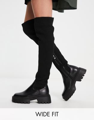 Simmi London Wide Fit Reign knitted over the knee second skin boots in black