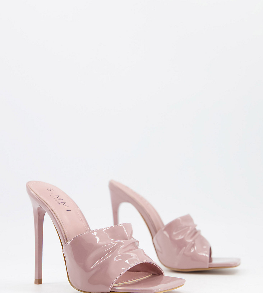 Simmi London Wide Fit Samie ruched mules in blush patent-Purple
