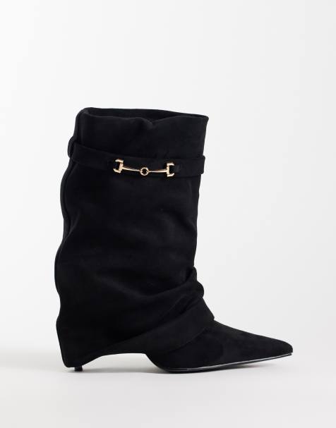 Simmi London Wide Fit Sansa fold over ruched heeled boots with horsebit detail in black suedette - view 1