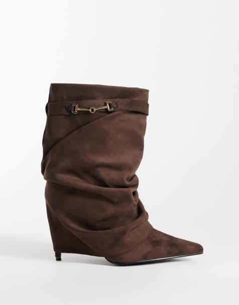 Simmi London Wide Fit Sansa fold over ruched heeled boots with horsebit detail in brown suedette - view 1